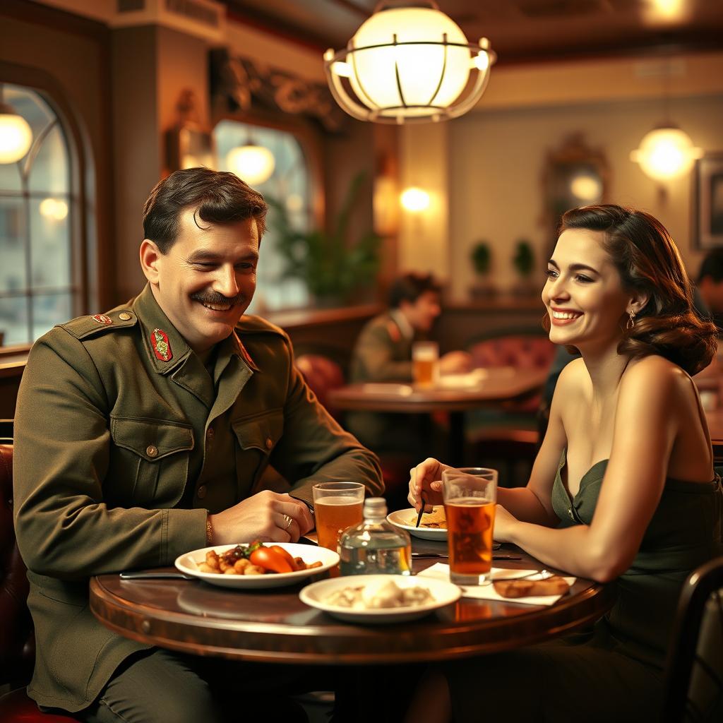 A tall, strong young soldier in a military uniform from Brazil in the 1940s, with brown hair and a prominent mustache, joyfully sharing a meal with a young lady who has brown hair