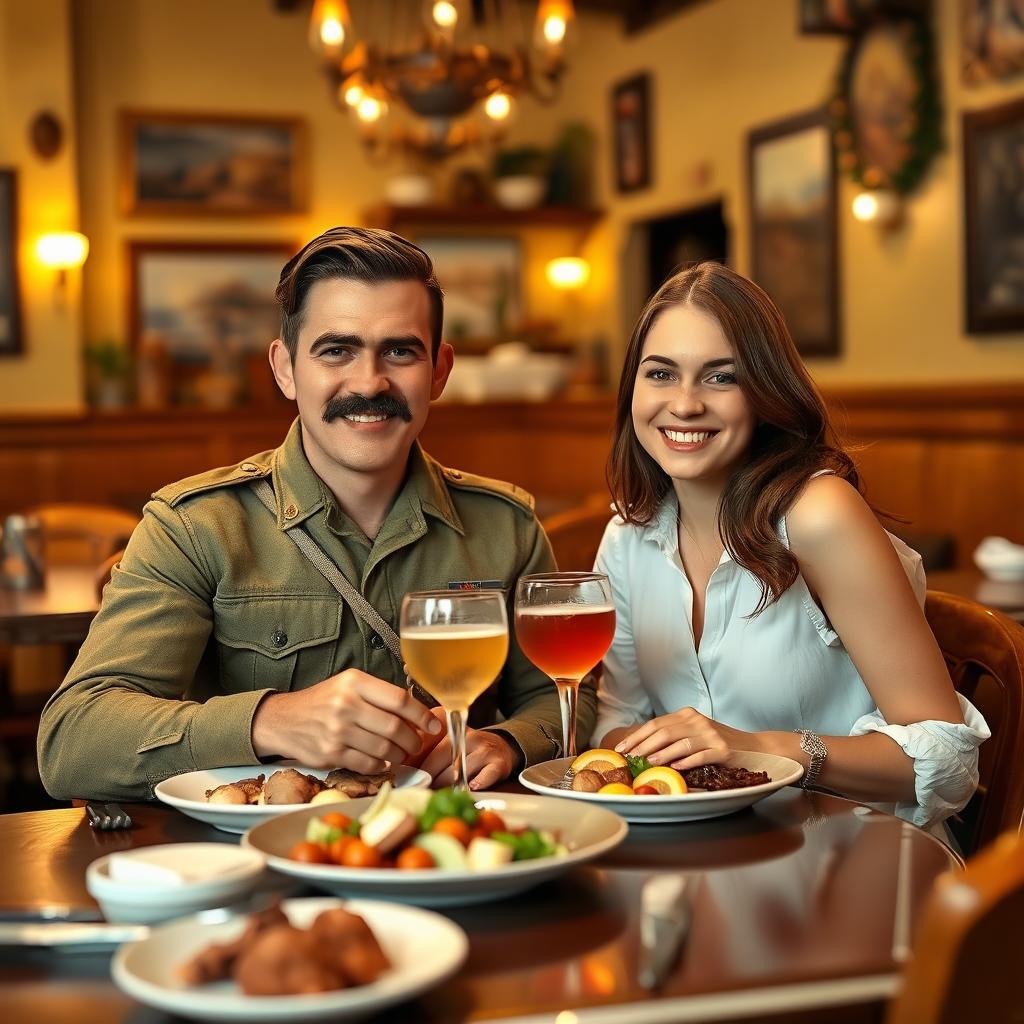 A strong young soldier in a 1940s Brazilian military uniform, featuring a distinct mustache and brown hair, happily seated at a restaurant table with a young lady who has brown hair