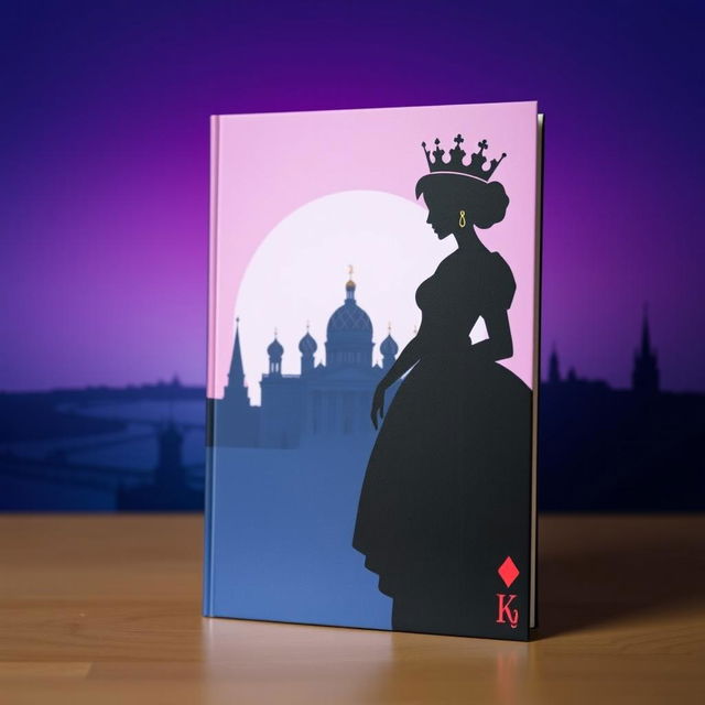 An enchanting book cover featuring the silhouette of the playing card Queen of Hearts, depicted in a bold, striking black silhouette with a prominent heart motif and elegant crown