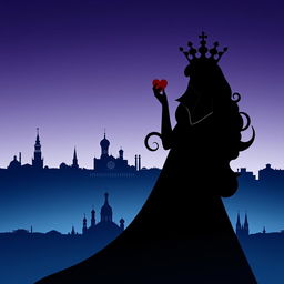 An enchanting book cover featuring the silhouette of the playing card Queen of Hearts, depicted in a bold, striking black silhouette with a prominent heart motif and elegant crown