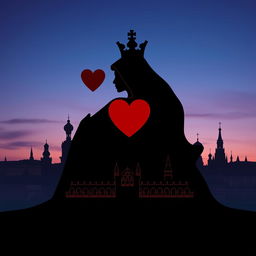 An enchanting book cover featuring the silhouette of the playing card Queen of Hearts, depicted in a bold, striking black silhouette with a prominent heart motif and elegant crown
