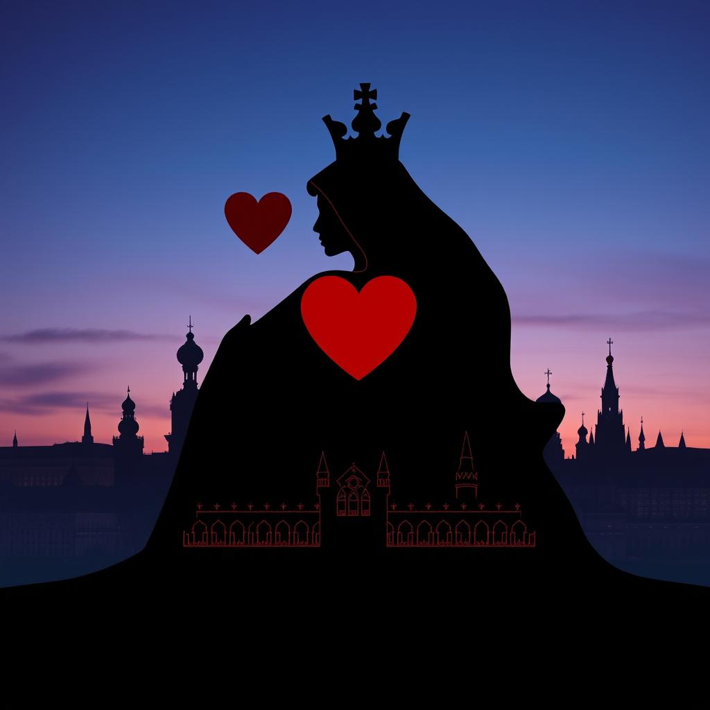 An enchanting book cover featuring the silhouette of the playing card Queen of Hearts, depicted in a bold, striking black silhouette with a prominent heart motif and elegant crown