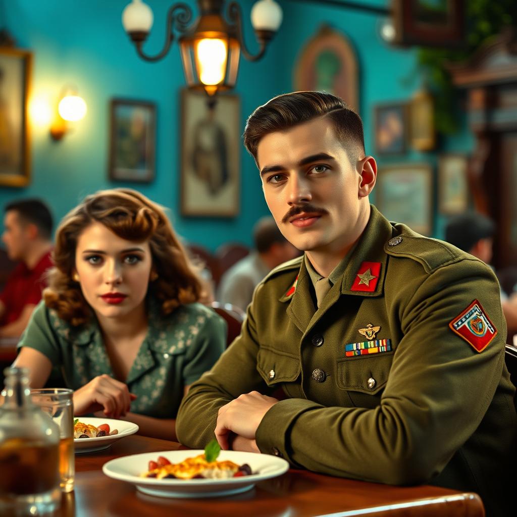 A strong young soldier in a 1940s Brazilian military uniform, featuring a distinct mustache and brown hair, seated at a charming restaurant table with a young lady who also has brown hair