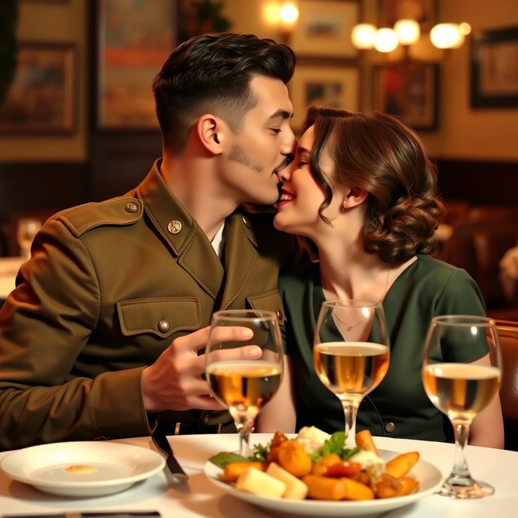A strong young soldier in a 1940s Brazilian military uniform, featuring a prominent mustache and brown hair, passionately leaning in to kiss a young lady who also has brown hair