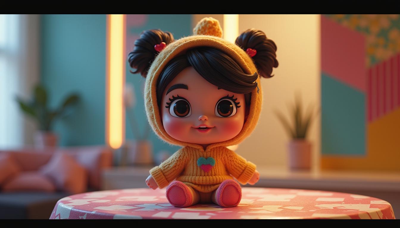 A beautifully designed character doll inspired by the aesthetic of a popular streaming series, featuring vibrant colors and intricate details
