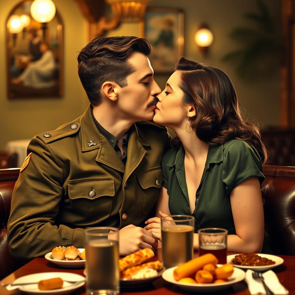 A strong young soldier in a 1940s Brazilian military uniform, featuring a distinct mustache and brown hair, leaning in to share a passionate kiss with a young lady who has beautiful brown hair