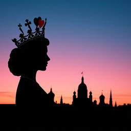 An elegant book cover showcasing the silhouette of the playing card Queen of Hearts, artistically rendered to highlight her distinguished crown and heart-shaped elements