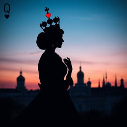 An elegant book cover showcasing the silhouette of the playing card Queen of Hearts, artistically rendered to highlight her distinguished crown and heart-shaped elements