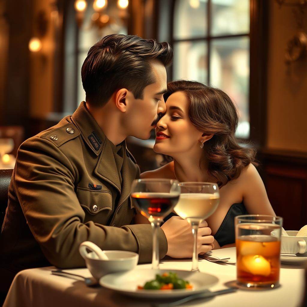 A strong young soldier in a 1940s Brazilian military uniform, featuring a prominent mustache and brown hair, leaning in for a passionate and romantic kiss with a young lady who has beautiful brown hair