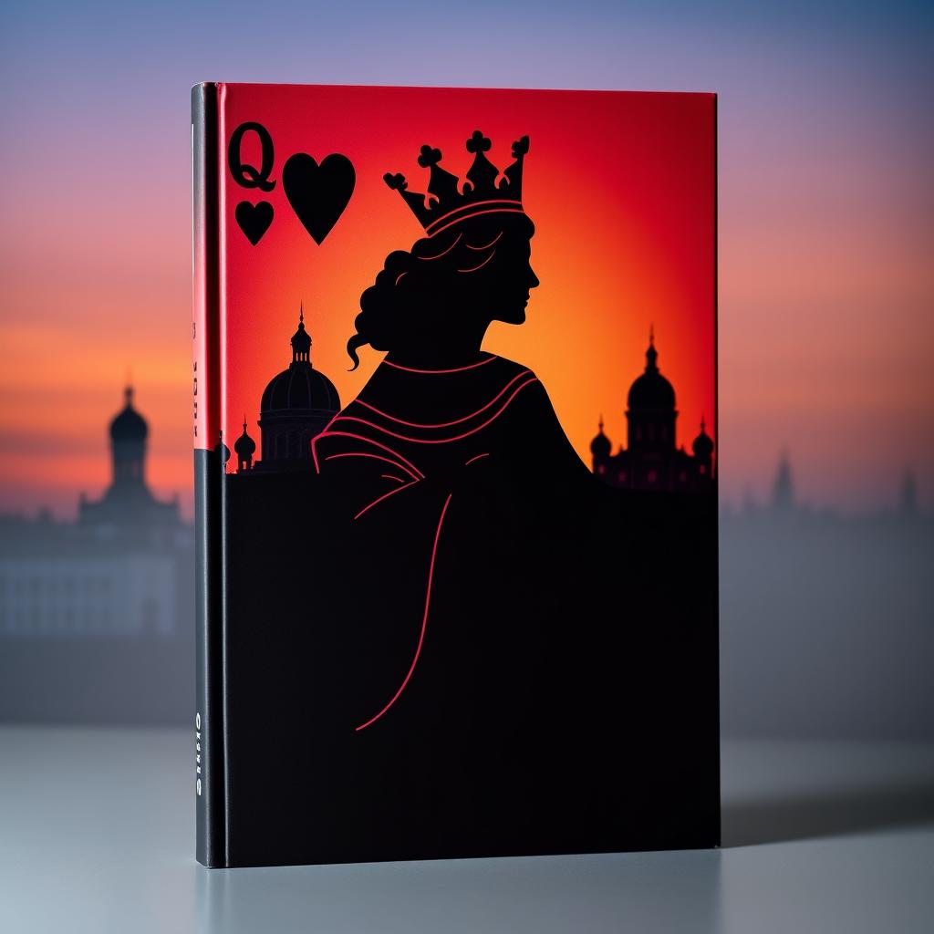 A striking book cover featuring the silhouette of the playing card Queen of Hearts, characterized by her detailed crown and heart symbols