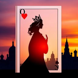 A striking book cover featuring the silhouette of the playing card Queen of Hearts, characterized by her detailed crown and heart symbols