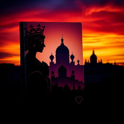 A striking book cover featuring the silhouette of the playing card Queen of Hearts, characterized by her detailed crown and heart symbols