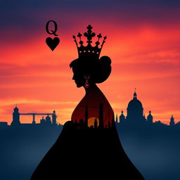 A striking book cover featuring the silhouette of the playing card Queen of Hearts, characterized by her detailed crown and heart symbols