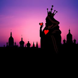 A captivating book cover showcasing the silhouette of the playing card Queen of Hearts, adorned with her regal crown and heart symbols, standing boldly at the forefront