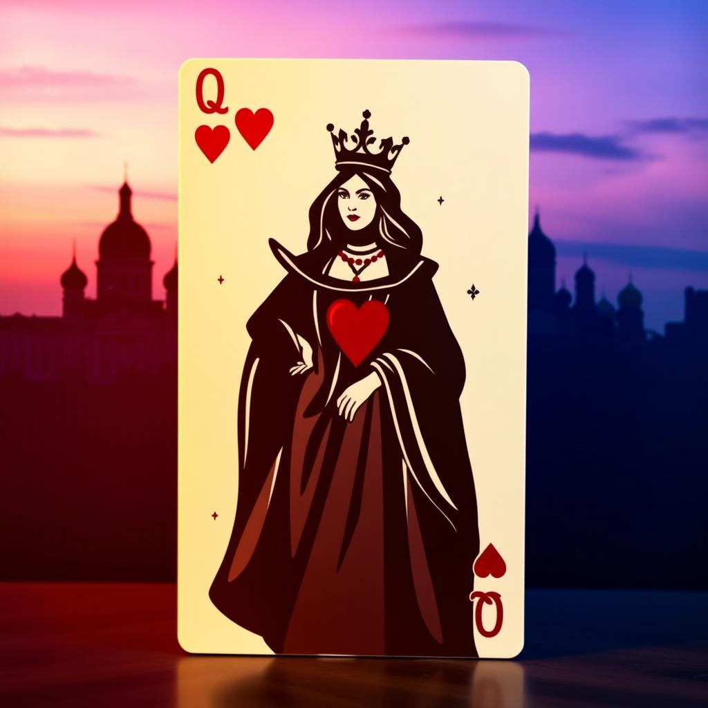 A captivating book cover showcasing the silhouette of the playing card Queen of Hearts, adorned with her regal crown and heart symbols, standing boldly at the forefront
