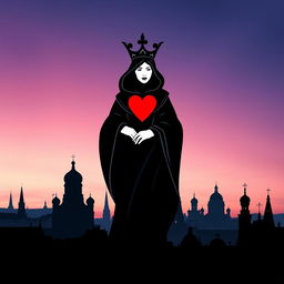 A captivating book cover showcasing the silhouette of the playing card Queen of Hearts, adorned with her regal crown and heart symbols, standing boldly at the forefront