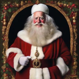 A portrait of King Charles of England dressed as Santa Claus, featuring royal attire blended with traditional Santa Claus elements like a red suit, white beard, and a sack of gifts.