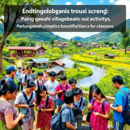 A vibrant and engaging educational tourism scene in Parungseah Village, showcasing local culture, beautiful landscapes, and unique learning experiences