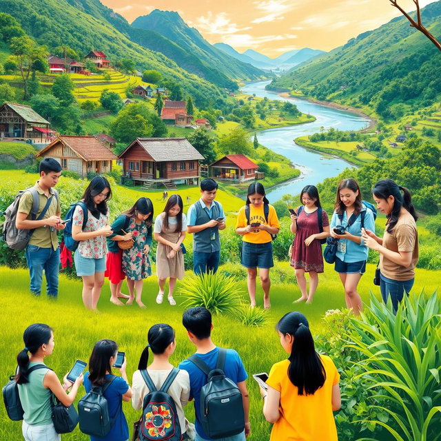 A vibrant and engaging educational tourism scene in Parungseah Village, showcasing local culture, beautiful landscapes, and unique learning experiences