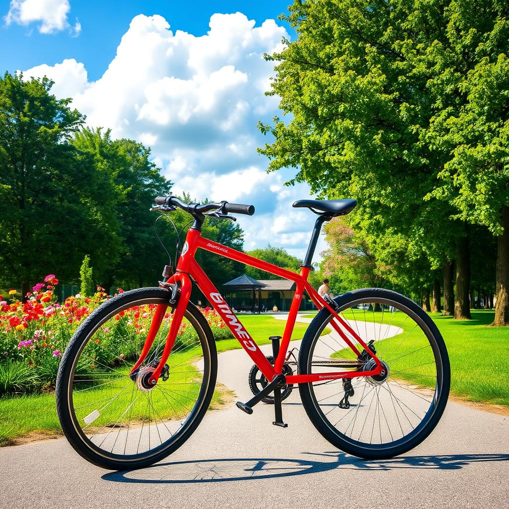 A vibrant and dynamic scene featuring a stylish bicycle in a picturesque park setting