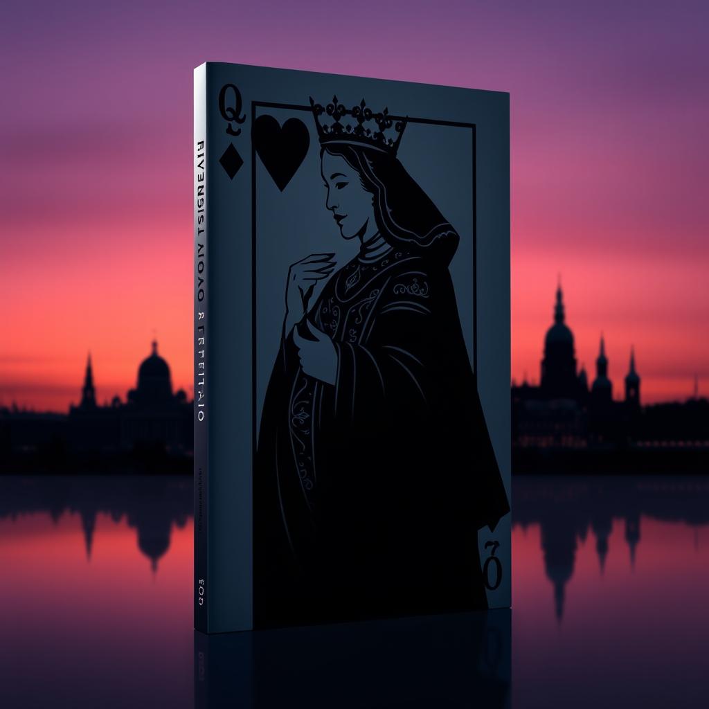 A captivating book cover designed with the striking silhouette of the playing card Queen of Hearts, prominently displayed in the foreground, complete with intricate details of her crown and heart motifs
