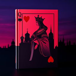 A captivating book cover designed with the striking silhouette of the playing card Queen of Hearts, prominently displayed in the foreground, complete with intricate details of her crown and heart motifs