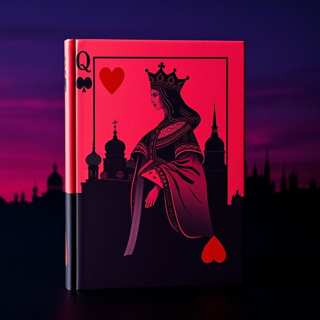 A captivating book cover designed with the striking silhouette of the playing card Queen of Hearts, prominently displayed in the foreground, complete with intricate details of her crown and heart motifs