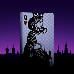 A captivating book cover designed with the striking silhouette of the playing card Queen of Hearts, prominently displayed in the foreground, complete with intricate details of her crown and heart motifs