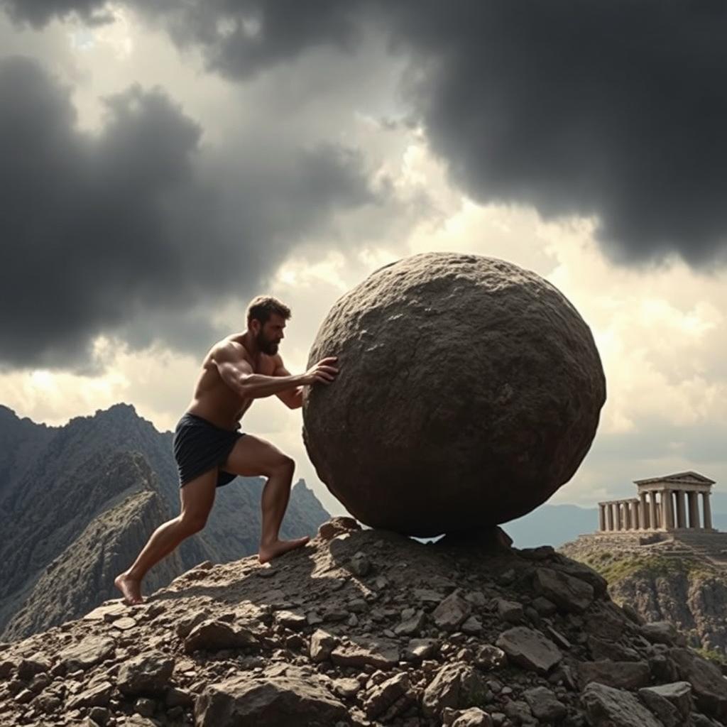 A surreal and dramatic scene capturing Sisyphus, the figure from Greek mythology, eternally rolling a massive boulder up a steep mountain slope