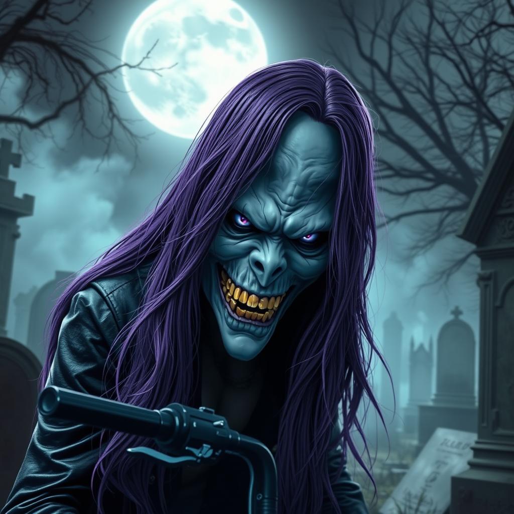 A ghostly biker with long purple hair and violet eyes, showcasing a fierce look