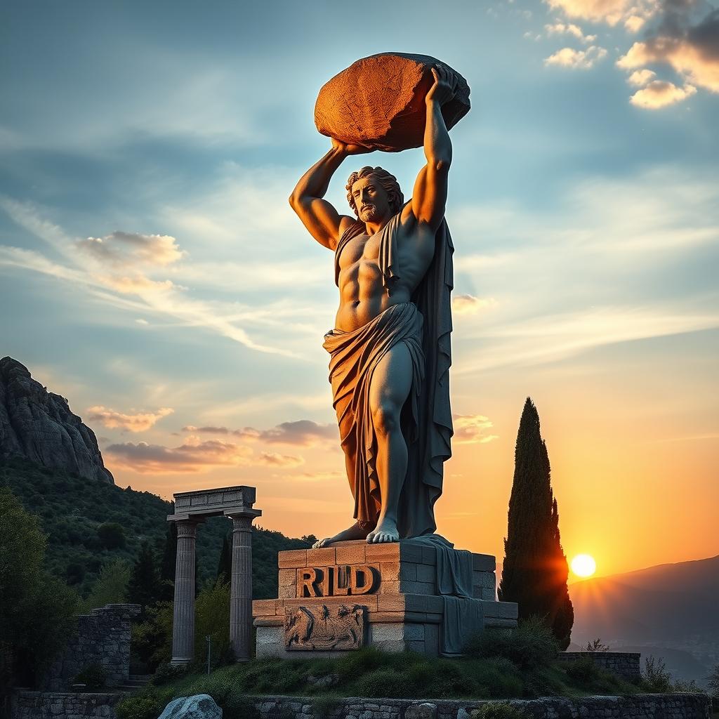 A majestic Greek god statue towering over a picturesque landscape, showcasing intricate details and artistry