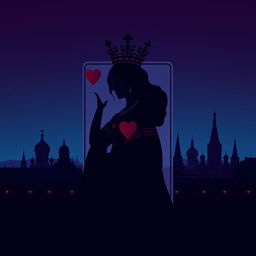 An elegant book cover featuring the striking silhouette of the playing card Queen of Hearts, complete with her ornate crown and characteristic heart motifs, prominently displayed in the foreground