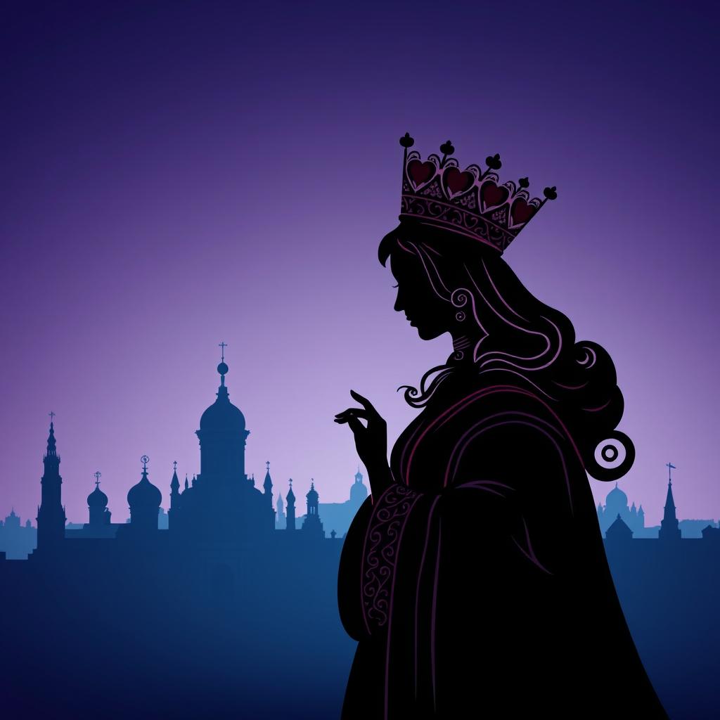 An elegant book cover featuring the striking silhouette of the playing card Queen of Hearts, complete with her ornate crown and characteristic heart motifs, prominently displayed in the foreground