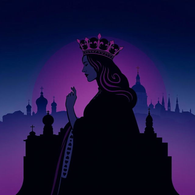 An elegant book cover featuring the striking silhouette of the playing card Queen of Hearts, complete with her ornate crown and characteristic heart motifs, prominently displayed in the foreground