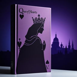 An elegant book cover featuring the striking silhouette of the playing card Queen of Hearts, complete with her ornate crown and characteristic heart motifs, prominently displayed in the foreground