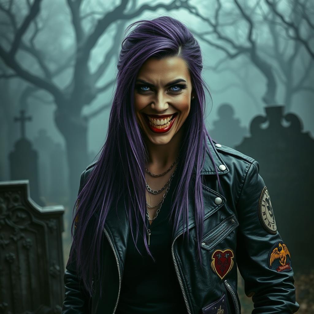 A fierce biker with long, vibrant purple hair and striking violet eyes, showcasing a golden smile with metallic gold teeth, standing confidently in an eerie cemetery