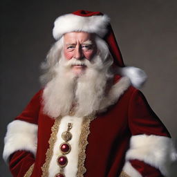 A portrait of King Charles of England dressed as Santa Claus, featuring royal attire blended with traditional Santa Claus elements like a red suit, white beard, and a sack of gifts.