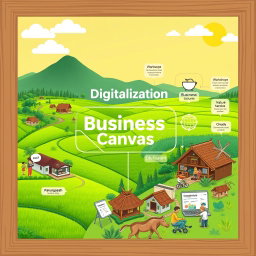 A vibrant and informative digital representation showcasing the concept of digitalization and the Business Model Canvas applied to educational tourism in Parungseah village