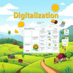 A vibrant and informative digital representation showcasing the concept of digitalization and the Business Model Canvas applied to educational tourism in Parungseah village