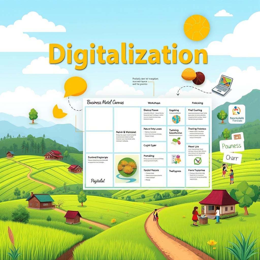 A vibrant and informative digital representation showcasing the concept of digitalization and the Business Model Canvas applied to educational tourism in Parungseah village