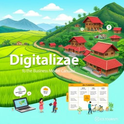 A vibrant and informative digital representation showcasing the concept of digitalization and the Business Model Canvas applied to educational tourism in Parungseah village