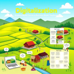 A vibrant and informative digital representation showcasing the concept of digitalization and the Business Model Canvas applied to educational tourism in Parungseah village