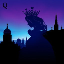 An artistic book cover featuring the elegant silhouette of the playing card Queen of Hearts, with her distinctive crown and heart symbols prominently showcased in the foreground