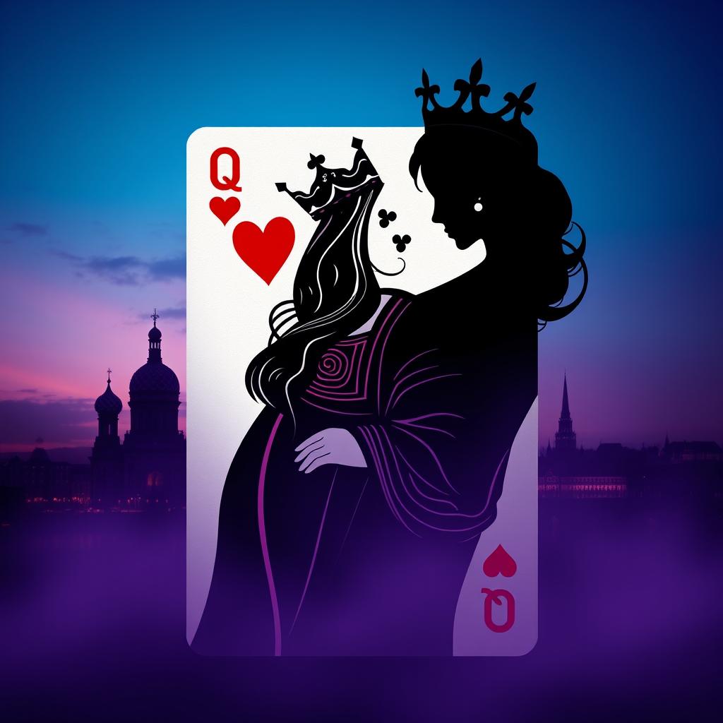 An artistic book cover featuring the elegant silhouette of the playing card Queen of Hearts, with her distinctive crown and heart symbols prominently showcased in the foreground