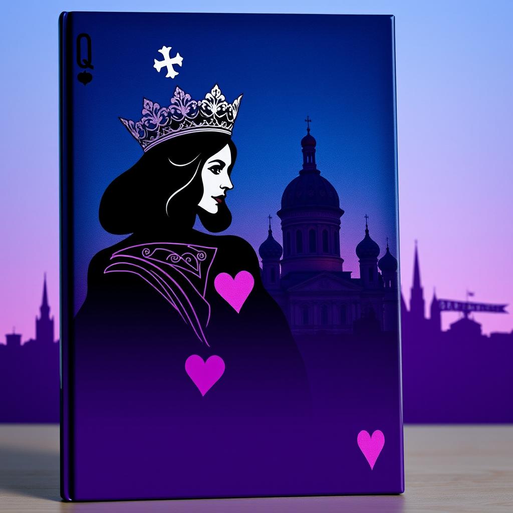 A visually striking book cover that prominently features the silhouette of the playing card Queen of Hearts, showcasing her elegant crown and iconic heart designs in the foreground