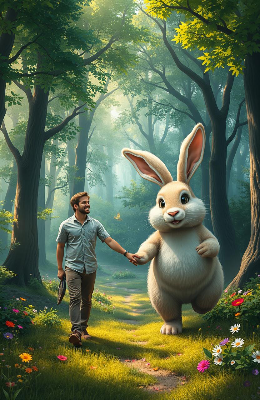 A whimsical scene depicting a man holding hands with a giant rabbit as they walk together towards the depths of a lush, enchanting forest