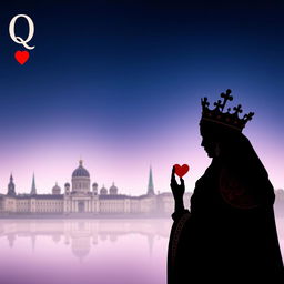 A captivating book cover featuring the silhouette of the playing card Queen of Hearts, showcasing her regal crown and heart-shaped accents prominently in the foreground