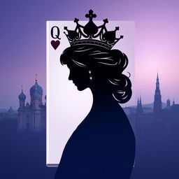A captivating book cover featuring the silhouette of the playing card Queen of Hearts, showcasing her regal crown and heart-shaped accents prominently in the foreground