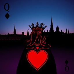 A stunning book cover that intricately features the silhouette of the playing card Queen of Hearts in striking detail, highlighting her majestic crown and heart motifs prominently in the foreground