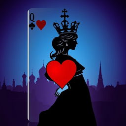 A stunning book cover that intricately features the silhouette of the playing card Queen of Hearts in striking detail, highlighting her majestic crown and heart motifs prominently in the foreground